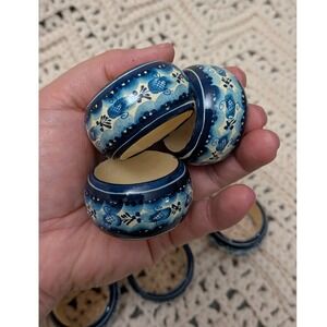 Vintage Hand Painted Wooden Napkin Rings Set of 6 Blue Floral Folk Art Decor